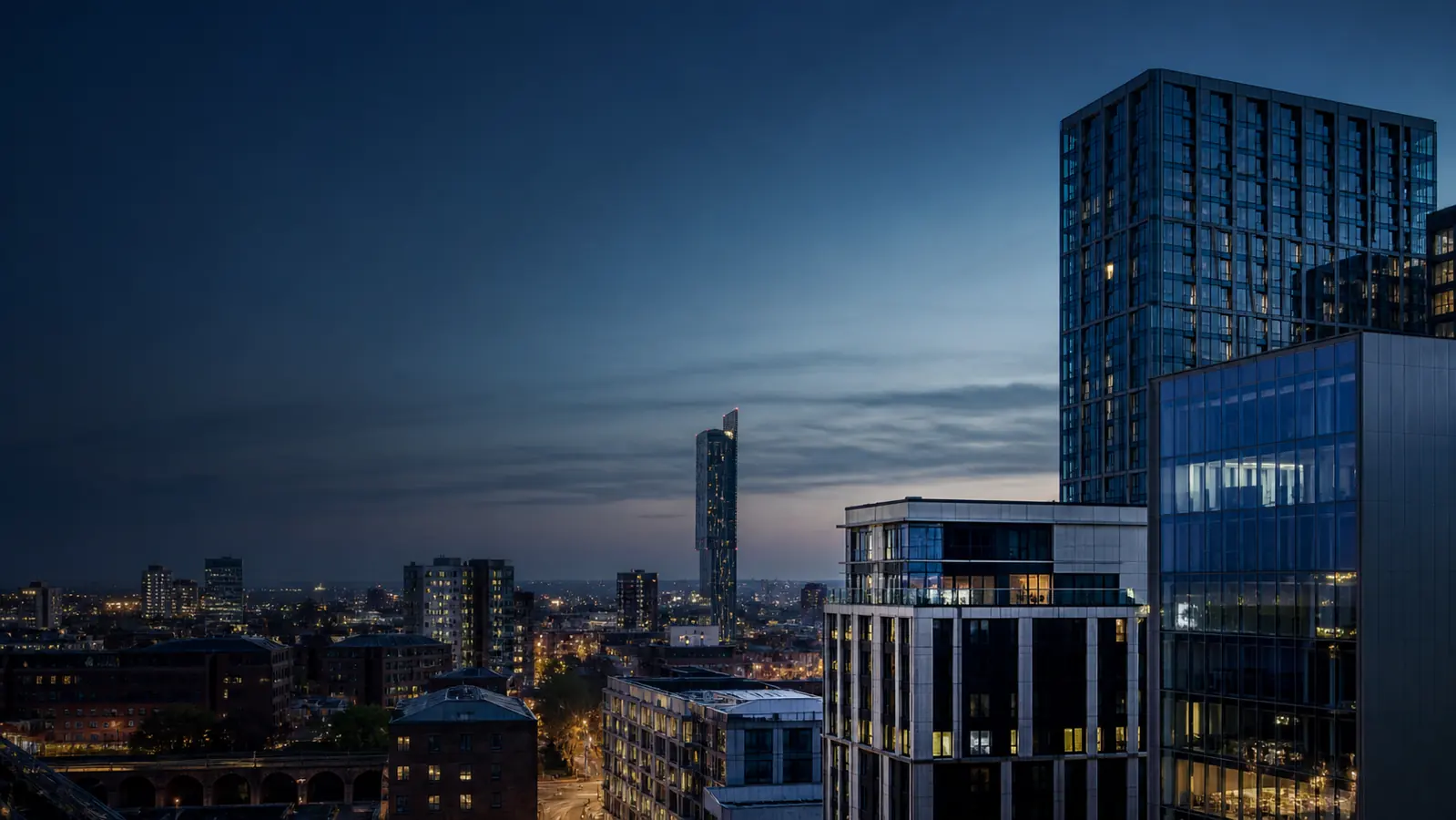 Manchester city skyline at blue hour