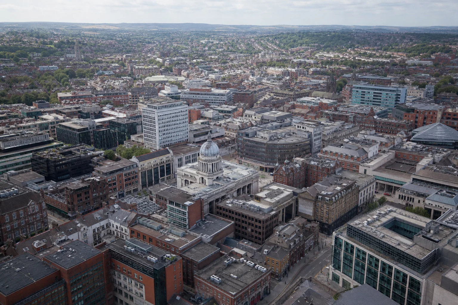Aerial view across a UK city centre